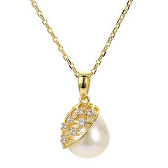 PearLustre by Imperial 14k Gold Over Silver Freshwater Cultured Pearl & Lab-Created White Sapphire Lattice Pendant Necklace