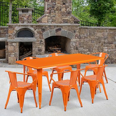Emma and Oliver Commercial Grade Rectangular Silver Metal Indoor-Outdoor Table Set-6 Arm Chairs
