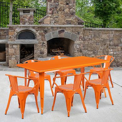 Emma and Oliver Commercial Grade Rectangular Orange Metal Indoor-Outdoor Table Set-6 Arm Chairs