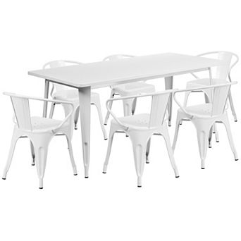 Emma and Oliver Commercial Grade Rectangular Silver Metal Indoor-Outdoor Table Set-6 Arm Chairs