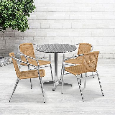 Emma and Oliver 27.5" Round Aluminum Table Set-4 Black Rattan Chairs
