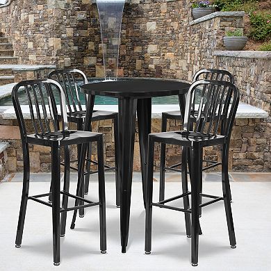 Emma and Oliver Commercial Grade 30" Round Red Metal Bar Table Set-4 Vertical Slat Back Stools