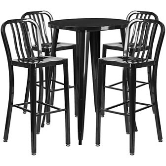 Emma and Oliver Commercial 30" Round Orange Metal Bar Table Set-4 Vertical Slat Back Stools