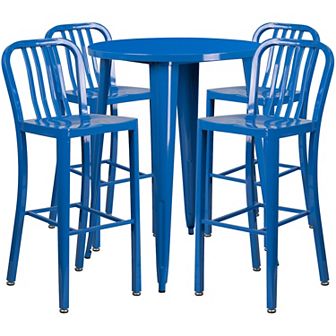Emma and Oliver Commercial 30" Round Orange Metal Bar Table Set-4 Vertical Slat Back Stools