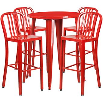 Emma and Oliver Commercial 30" Round Orange Metal Bar Table Set-4 Vertical Slat Back Stools