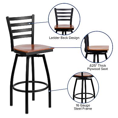 Emma and Oliver Black Metal Ladder Back Swivel Barstool, Cherry Wood Seat