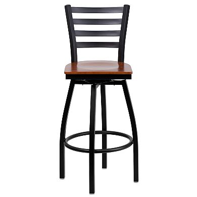 Emma and Oliver Black Metal Ladder Back Swivel Barstool, Cherry Wood Seat