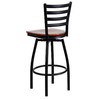 Emma and Oliver Black Metal Ladder Back Swivel Barstool, Cherry Wood Seat