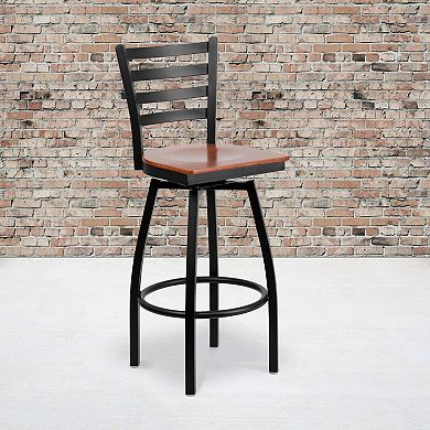 Emma and Oliver Black Metal Ladder Back Swivel Barstool, Cherry Wood Seat