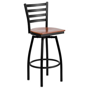 Emma and Oliver Black Metal Ladder Back Swivel Barstool, Cherry Wood Seat