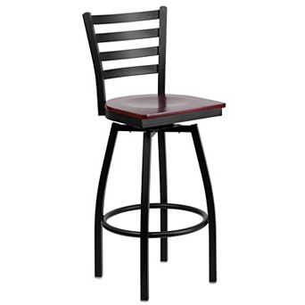 Emma and Oliver Black Metal Ladder Back Swivel Barstool, Cherry Wood Seat