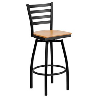 Emma and Oliver Black Metal Ladder Back Swivel Barstool, Cherry Wood Seat