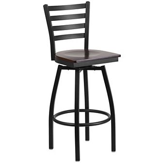 Emma and Oliver Black Metal Ladder Back Swivel Barstool, Cherry Wood Seat