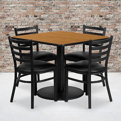 Emma and Oliver 36SQ Natural Table Set-RD Base & 4 Ladder Back Chairs,Black Seat