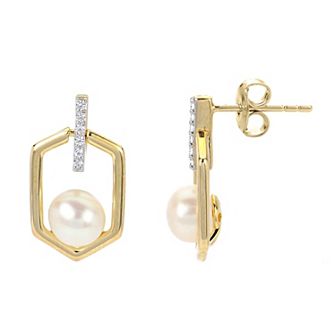 PearLustre by Imperial 14k Gold Over Silver Freshwater Cultured Pearl & Lab-Created White Sapphire Geometric Earrings
