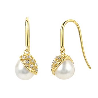 PearLustre by Imperial 14k Gold Over Silver Freshwater Cultured Pearl & Lab-Created White Sapphire Lattice Earrings