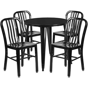 Emma and Oliver Commercial Grade 30" Round Black Metal Table Set-4 Vertical Slat Back Chairs