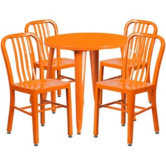 Emma and Oliver Commercial Grade 30" Round Black Metal Table Set-4 Vertical Slat Back Chairs