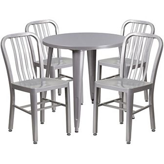 Emma and Oliver Commercial Grade 30" Round Black Metal Table Set-4 Vertical Slat Back Chairs