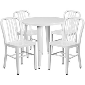 Emma and Oliver Commercial Grade 30" Round Black Metal Table Set-4 Vertical Slat Back Chairs