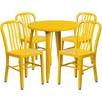 Emma and Oliver Commercial Grade 30" Round Black Metal Table Set-4 Vertical Slat Back Chairs