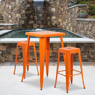 Emma and Oliver Commercial 23.75SQ Green Metal Indoor-Outdoor Bar Table Set-2 Backless Stools
