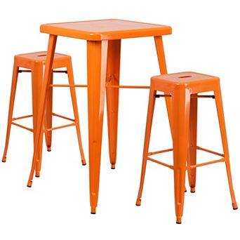 Emma and Oliver Commercial 23.75SQ Red Metal Indoor-Outdoor Bar Table Set-2 Backless Stools