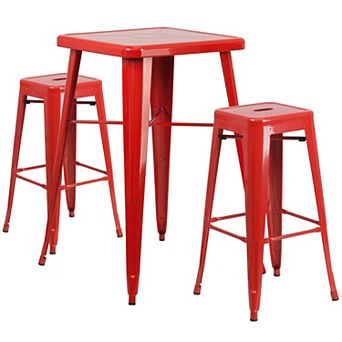 Emma and Oliver Commercial 23.75SQ Red Metal Indoor-Outdoor Bar Table Set-2 Backless Stools