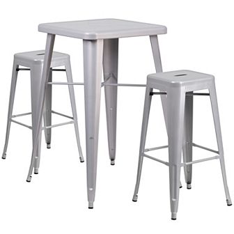 Emma and Oliver Commercial 23.75SQ Red Metal Indoor-Outdoor Bar Table Set-2 Backless Stools