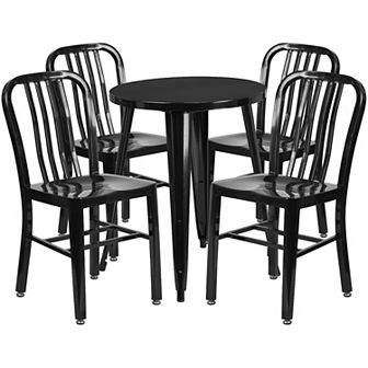 Emma and Oliver Commercial Grade 24" Round Blue Metal Table Set-4 Vertical Slat Back Chairs