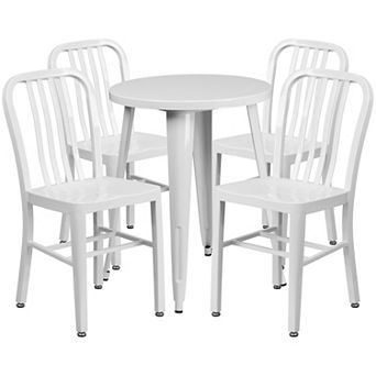 Emma and Oliver Commercial Grade 24" Round Blue Metal Table Set-4 Vertical Slat Back Chairs