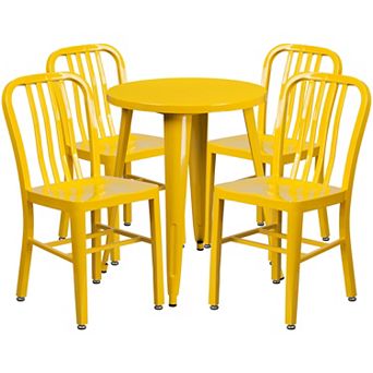 Emma and Oliver Commercial Grade 24" Round Blue Metal Table Set-4 Vertical Slat Back Chairs