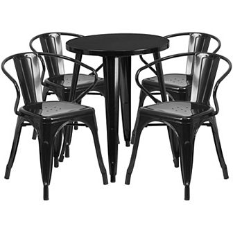 Emma and Oliver Commercial 24" Round White Metal Indoor-Outdoor Table Set with 4 Arm Chairs