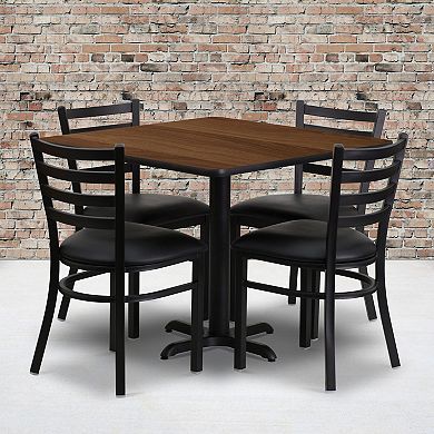 Emma and Oliver 36SQ Walnut Table Set-X-Base & 4 Ladder Back Chairs,Black Seat