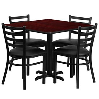 Emma and Oliver 36SQ Walnut Table Set-X-Base & 4 Ladder Back Chairs,Black Seat