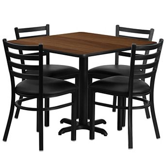 Emma and Oliver 36SQ Walnut Table Set-X-Base & 4 Ladder Back Chairs,Black Seat