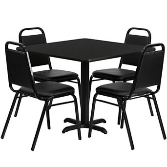 Emma and Oliver 36"SQ Walnut Laminate Table Set-X-Base & 4 Black Banquet Chairs