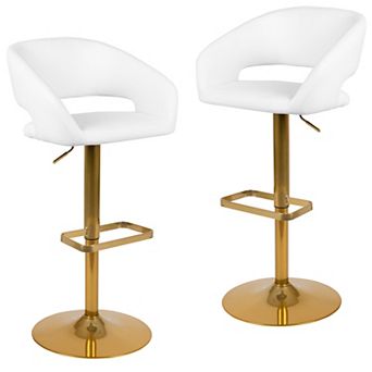 Emma and Oliver 2 pk White Vinyl Adjustable Height Barstool with Rounded Mid-Back and Gold Base