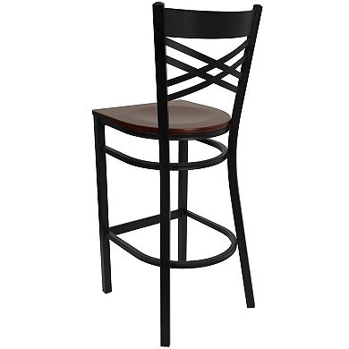 Emma and Oliver Black Metal "X" Back Barstool, Mahogany Wood Seat