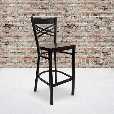 Emma and Oliver Black Metal "X" Back Barstool, Mahogany Wood Seat