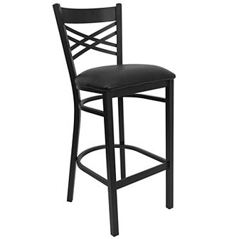 Emma and Oliver Black Metal "X" Back Barstool, Mahogany Wood Seat