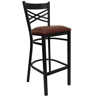 Emma and Oliver Black Metal "X" Back Barstool, Mahogany Wood Seat