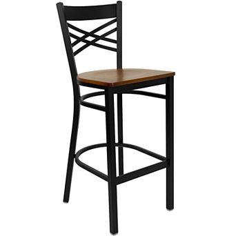 Emma and Oliver Black Metal "X" Back Barstool, Mahogany Wood Seat