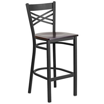 Emma and Oliver Black Metal "X" Back Barstool, Mahogany Wood Seat