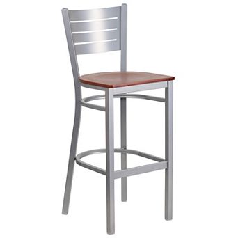 Emma and Oliver Silver Slat Back Metal Barstool, Walnut Wood Seat