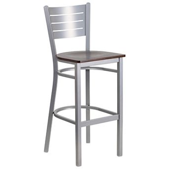 Emma and Oliver Silver Slat Back Metal Barstool, Walnut Wood Seat