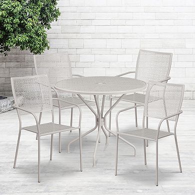 Emma and Oliver Commercial Grade 35.25" Round White Patio Table Set-4 Square Back Chairs
