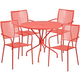 Emma and Oliver Commercial Grade 35.25" Round Coral Patio Table Set-4 Square Back Chairs