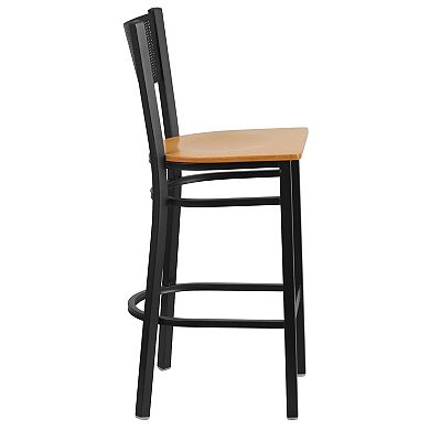 Emma and Oliver Black Metal Grid Back Barstool, Walnut Wood Seat