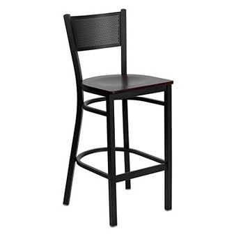 Emma and Oliver Black Metal Grid Back Barstool, Walnut Wood Seat